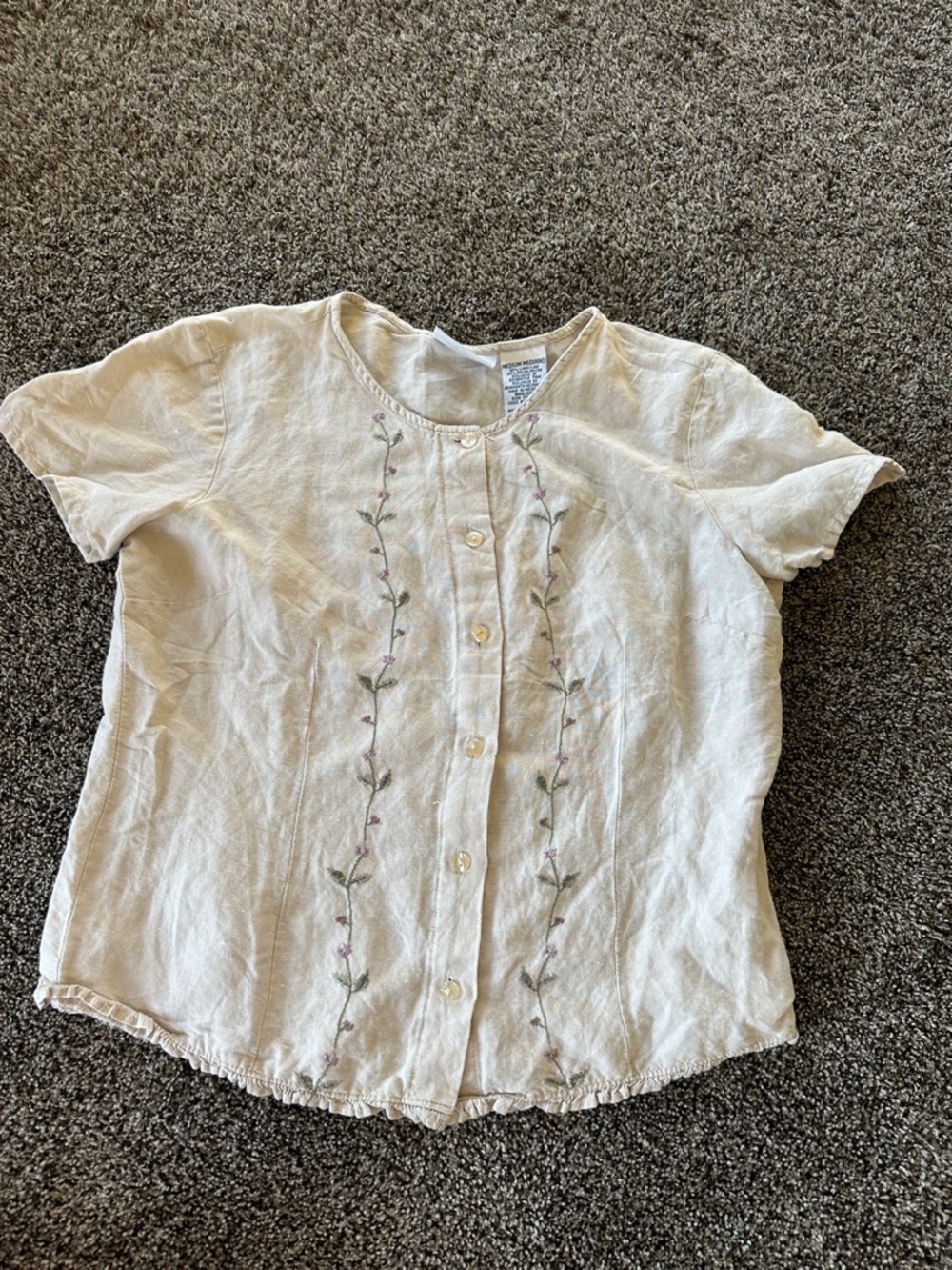 kathy ireland Cream purple Floral Embroidered short sleeve Button-Front Blouse